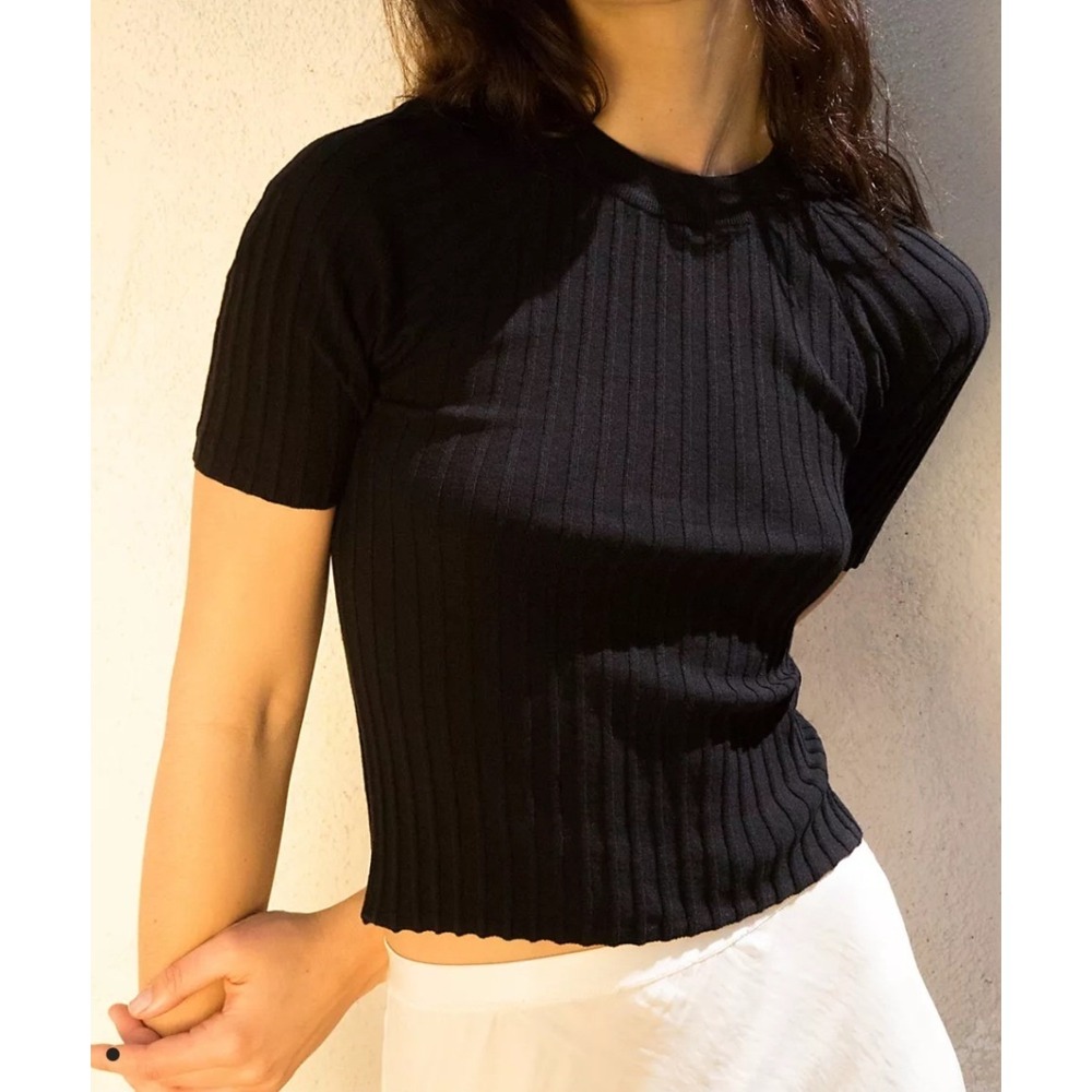 Free People Friday Morning Swit Tee Small Black Ribbed Knit Crew Neck Stretch